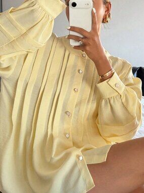 Yellow Casual Women's Loose Fit Pleated Round Neck Blouse